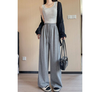 High Rise Plain Drawstring Drape Wide Leg Sweatpants SpreePicky