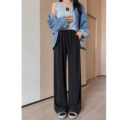 High Rise Plain Drawstring Drape Wide Leg Sweatpants SpreePicky