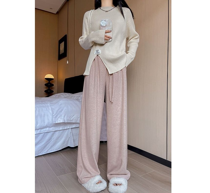 High Rise Plain Drawstring Drape Wide Leg Sweatpants SpreePicky