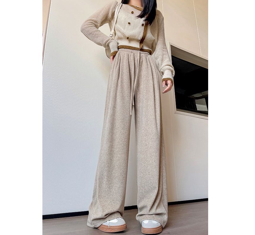 High Rise Plain Drawstring Drape Wide Leg Sweatpants SpreePicky