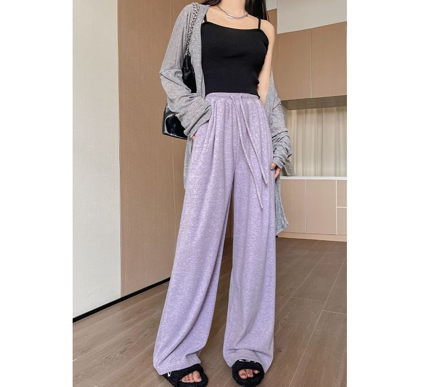 High Rise Plain Drawstring Drape Wide Leg Sweatpants SpreePicky