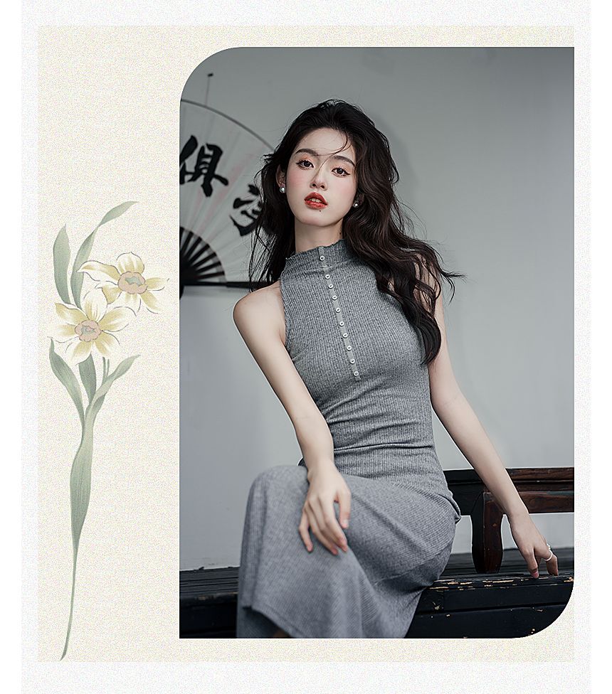 Sleeveless Mock Neck Plain Midi Sheath Dress / Plain Long Cardigan / Set SpreePicky