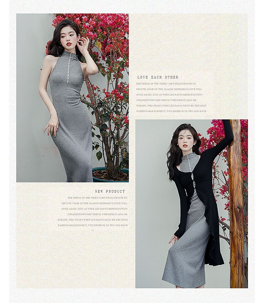 Sleeveless Mock Neck Plain Midi Sheath Dress / Plain Long Cardigan / Set SpreePicky