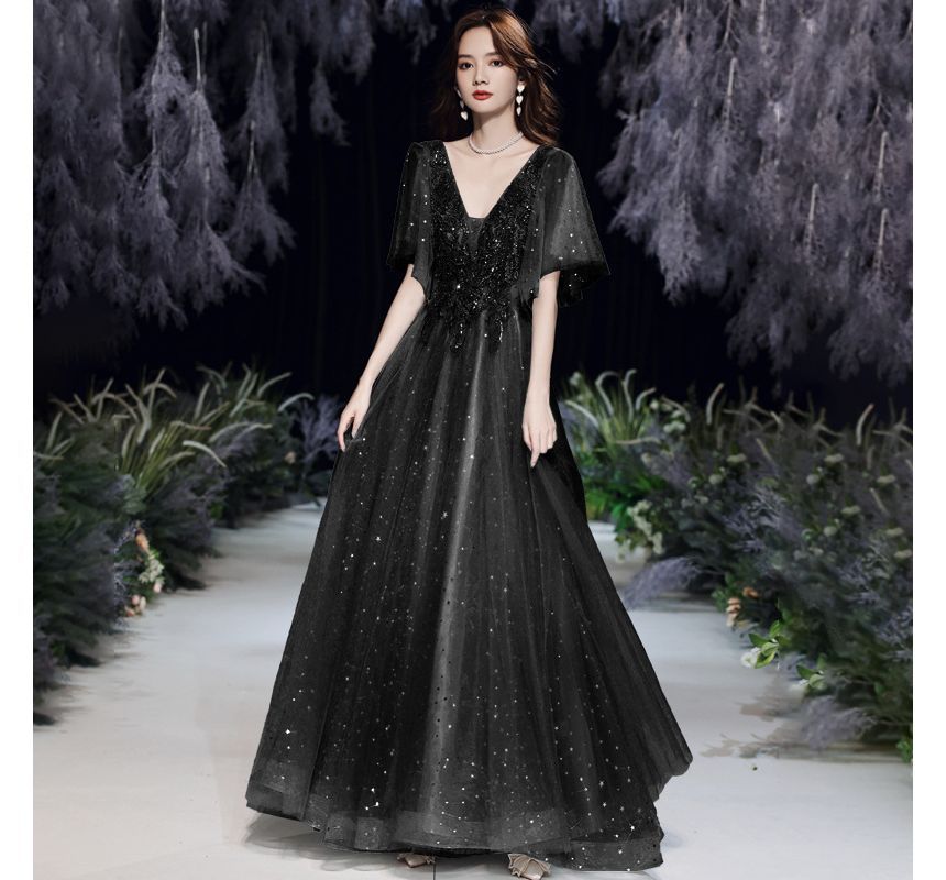 Flared-Sleeve V-Neck Sequin Lace-Up A-Line Evening Gown SpreePicky