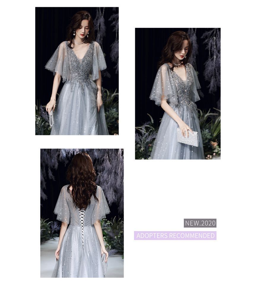 Flared-Sleeve V-Neck Sequin Lace-Up A-Line Evening Gown SpreePicky