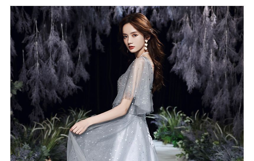 Flared-Sleeve V-Neck Sequin Lace-Up A-Line Evening Gown SpreePicky