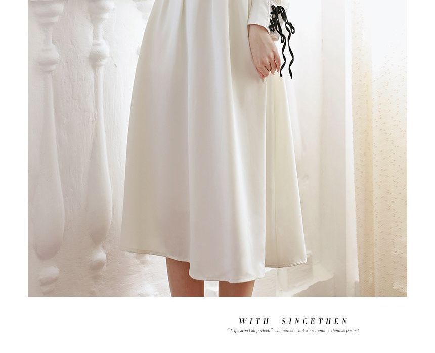 Long-Sleeve Collared Contrast Trim Midi A-Line Dress / Square Neck Plain Lace Trim Button-Up Crop Vest / Set SpreePicky