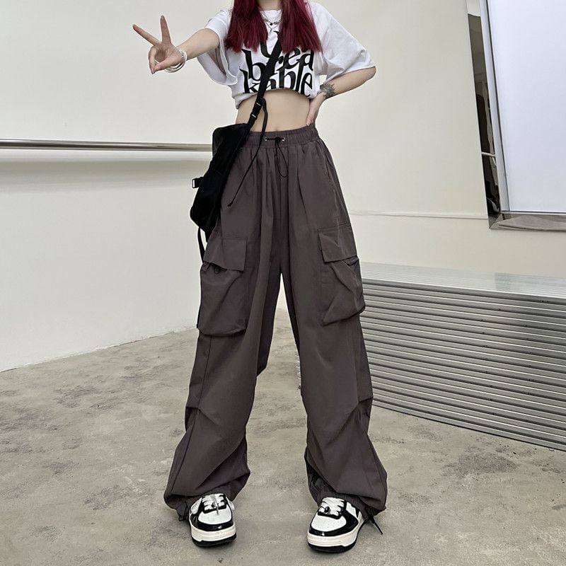 High Waist Pocket Loose-Fit Wide-Leg Cargo Pants SpreePicky