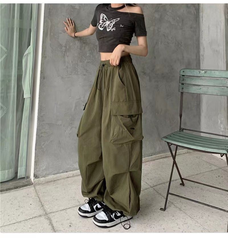 High Waist Pocket Loose-Fit Wide-Leg Cargo Pants SpreePicky