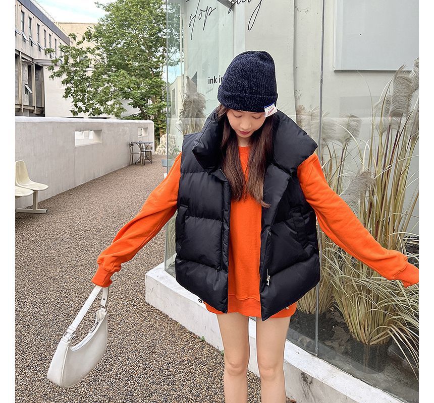 Stand Collar Plain Puffer Vest SpreePicky