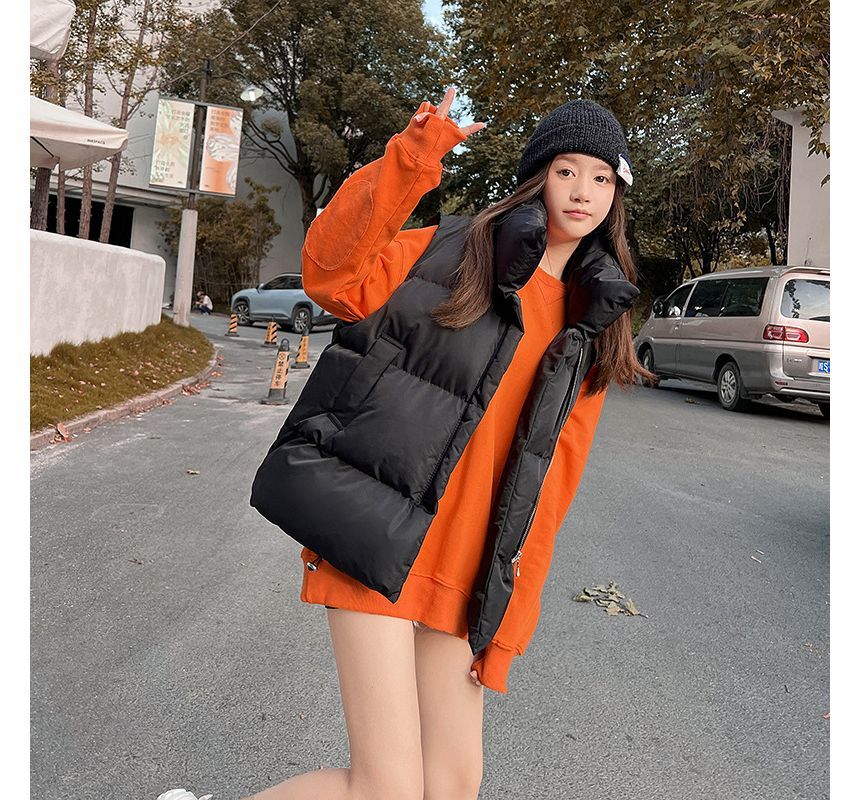 Stand Collar Plain Puffer Vest SpreePicky