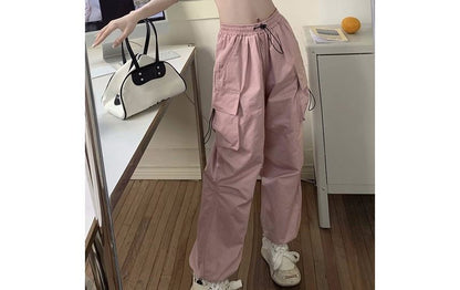 Mid Waist Plain Drawstring Cargo Baggy Pants SpreePicky