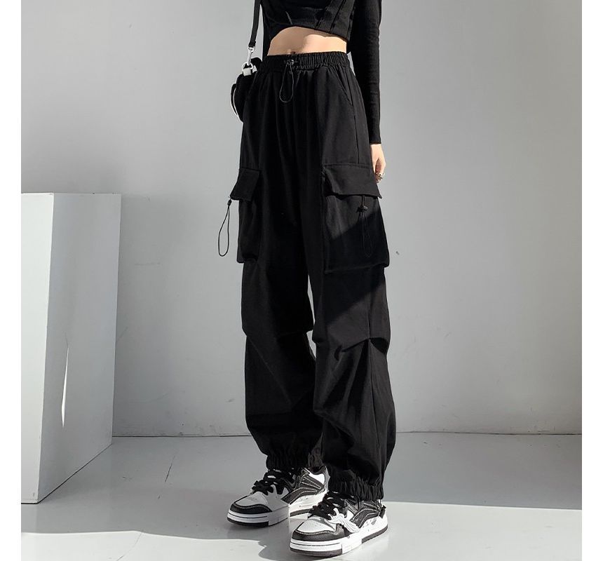 Mid Waist Plain Drawstring Cargo Baggy Pants SpreePicky