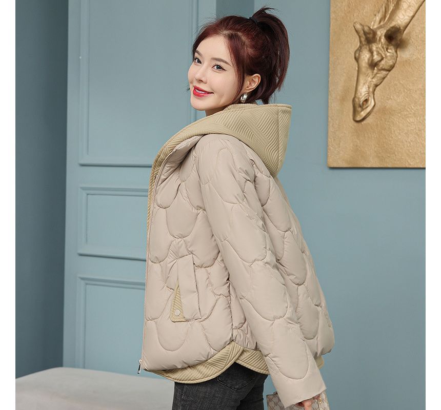 Mock Two-Piece Quilted Hooded Zip Jacket SpreePicky