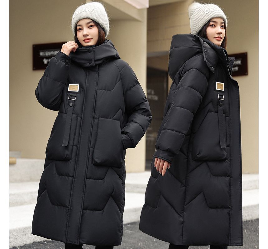 Lettering Applique Hooded Midi Zip Puffer Coat SpreePicky