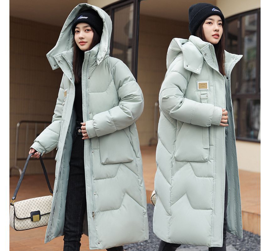 Lettering Applique Hooded Midi Zip Puffer Coat SpreePicky