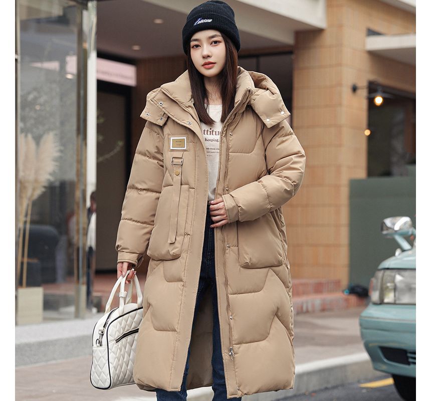 Lettering Applique Hooded Midi Zip Puffer Coat SpreePicky