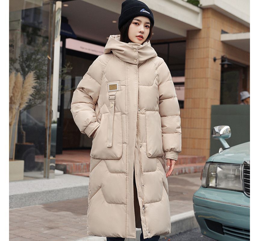 Lettering Applique Hooded Midi Zip Puffer Coat SpreePicky