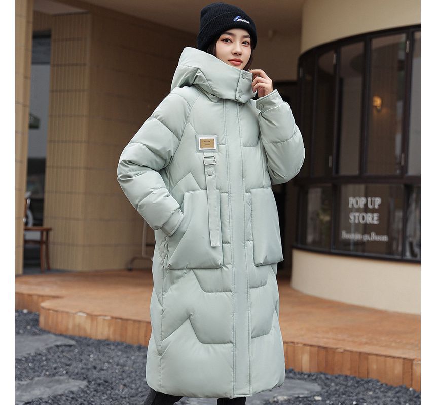 Lettering Applique Hooded Midi Zip Puffer Coat SpreePicky