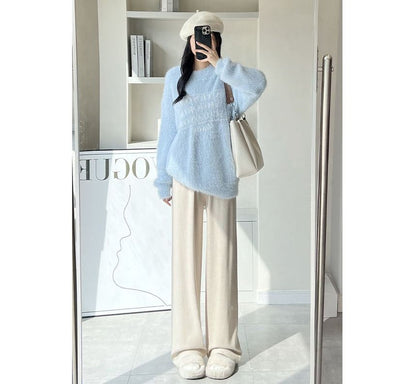 High Rise Wide Leg Plain Knit Sweatpants SpreePicky