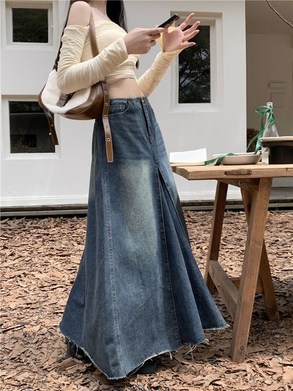 High Rise Frayed Denim Maxi A SpreePicky