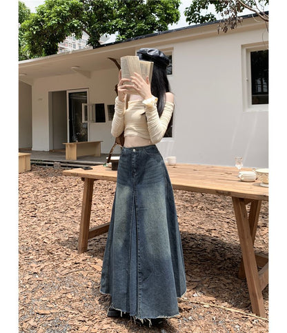 High Rise Frayed Denim Maxi A SpreePicky