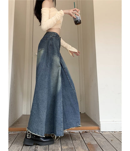 High Rise Frayed Denim Maxi A SpreePicky