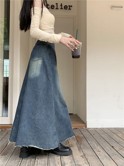 High Rise Frayed Denim Maxi A SpreePicky