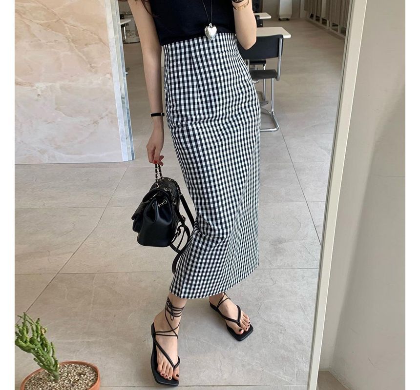 High Waist Gingham Midi Pencil Skirt SpreePicky