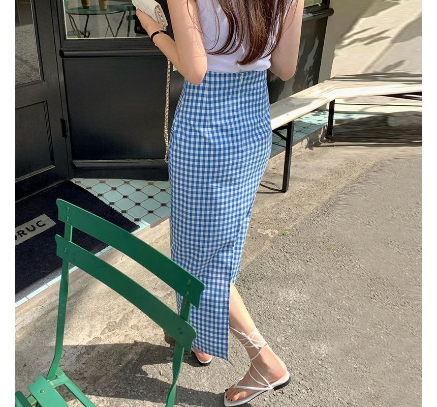 High Waist Gingham Midi Pencil Skirt SpreePicky