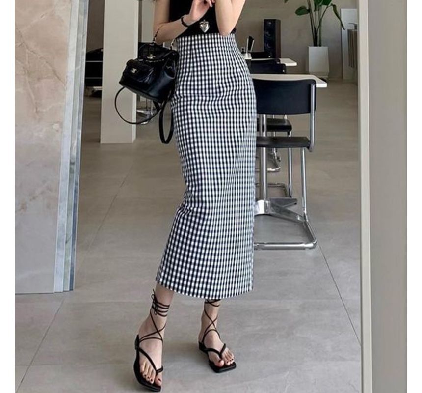 High Waist Gingham Midi Pencil Skirt SpreePicky