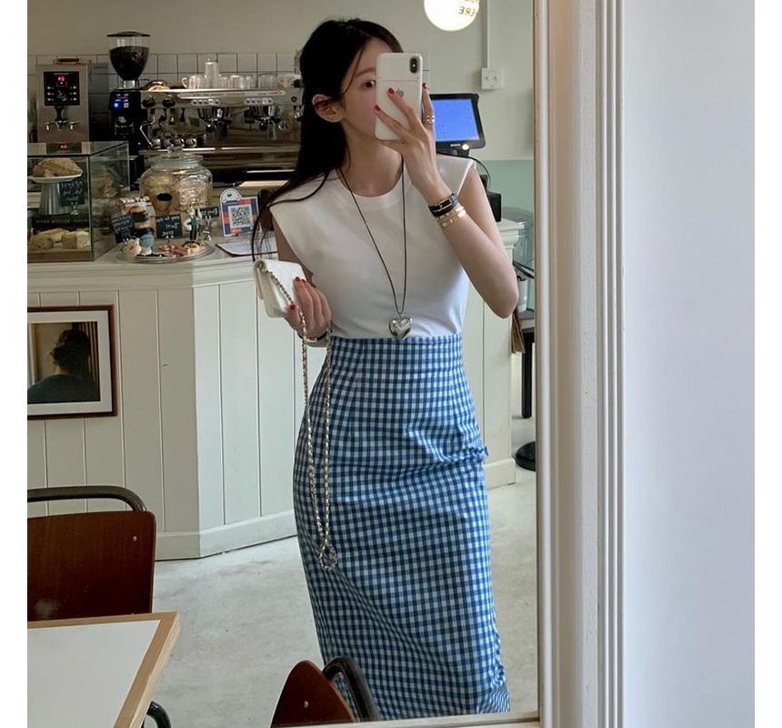 High Waist Gingham Midi Pencil Skirt SpreePicky