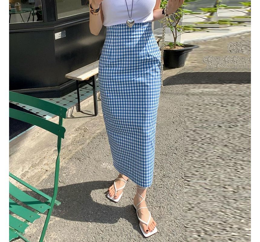 High Waist Gingham Midi Pencil Skirt SpreePicky