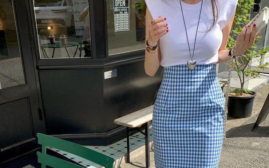 High Waist Gingham Midi Pencil Skirt SpreePicky