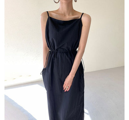 Spaghetti Strap Plain Drawstring Maxi Sundress SpreePicky