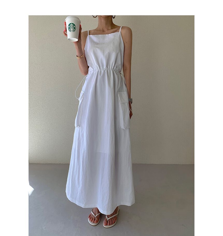 Spaghetti Strap Plain Drawstring Maxi Sundress SpreePicky