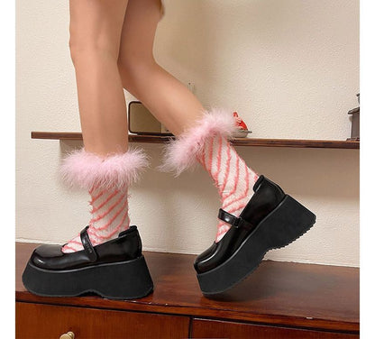 Striped Fluffy Trim Socks SpreePicky