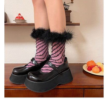 Striped Fluffy Trim Socks SpreePicky