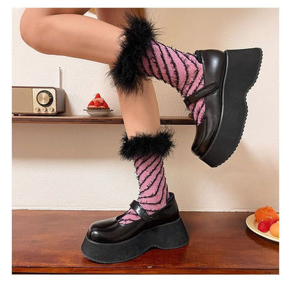 Striped Fluffy Trim Socks SpreePicky