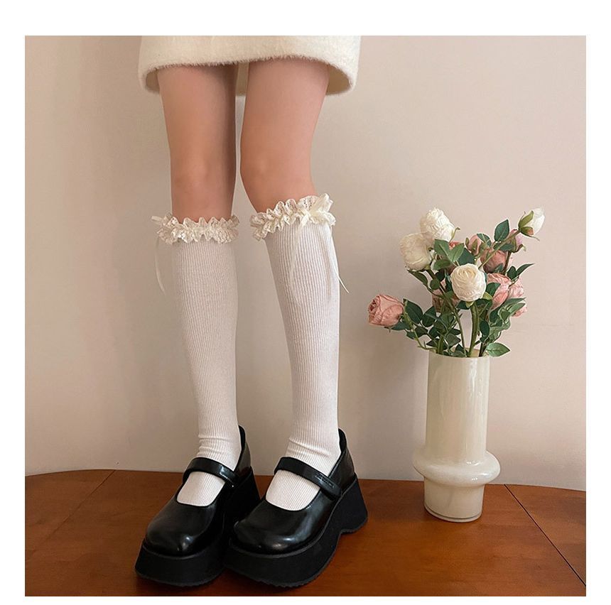 Plain Ruffled Ribbed Tall Socks SpreePicky