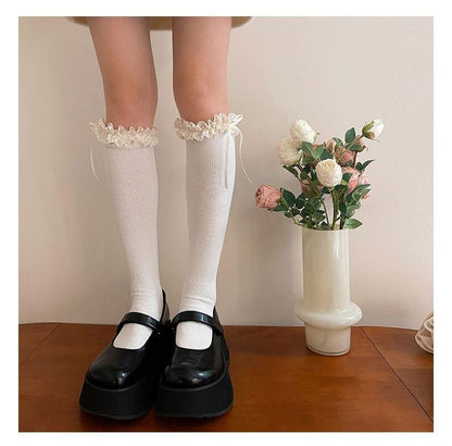 Plain Ruffled Ribbed Tall Socks SpreePicky