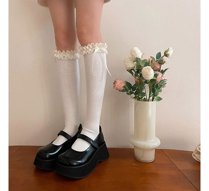 Plain Ruffled Ribbed Tall Socks SpreePicky