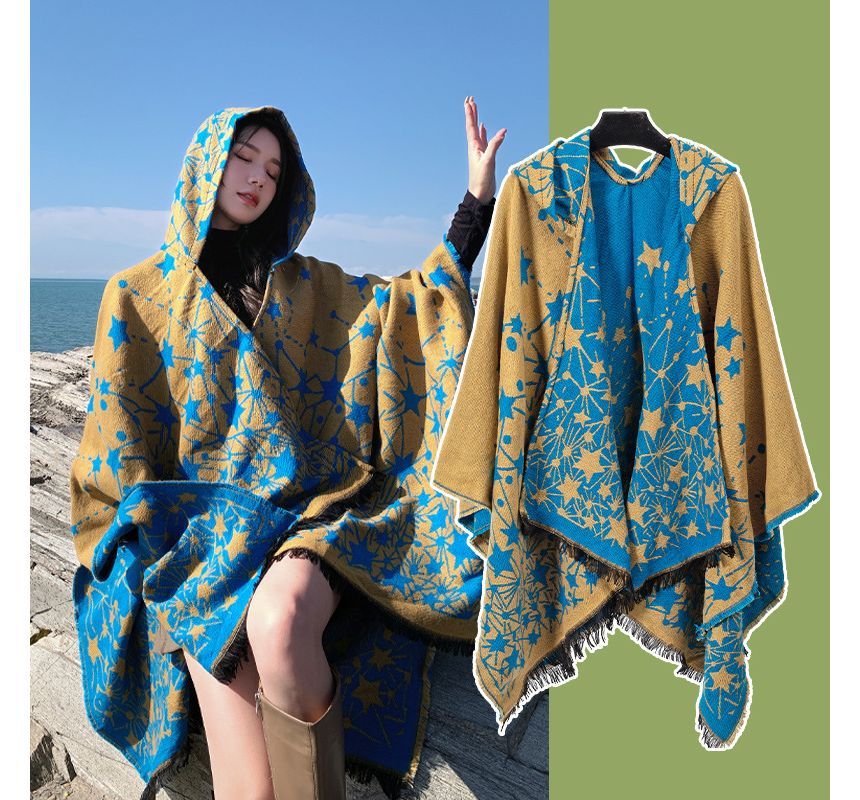 Print Fringed Hooded Cape SpreePicky