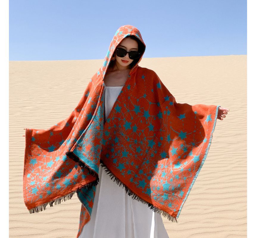 Print Fringed Hooded Cape SpreePicky