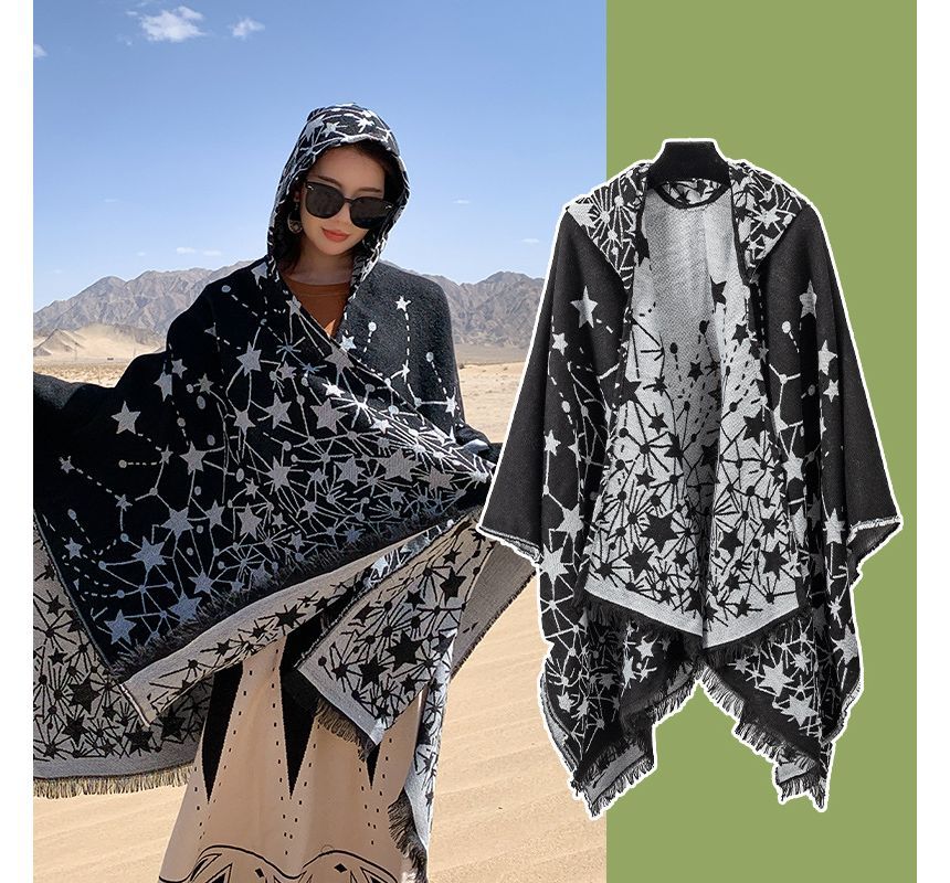 Print Fringed Hooded Cape SpreePicky