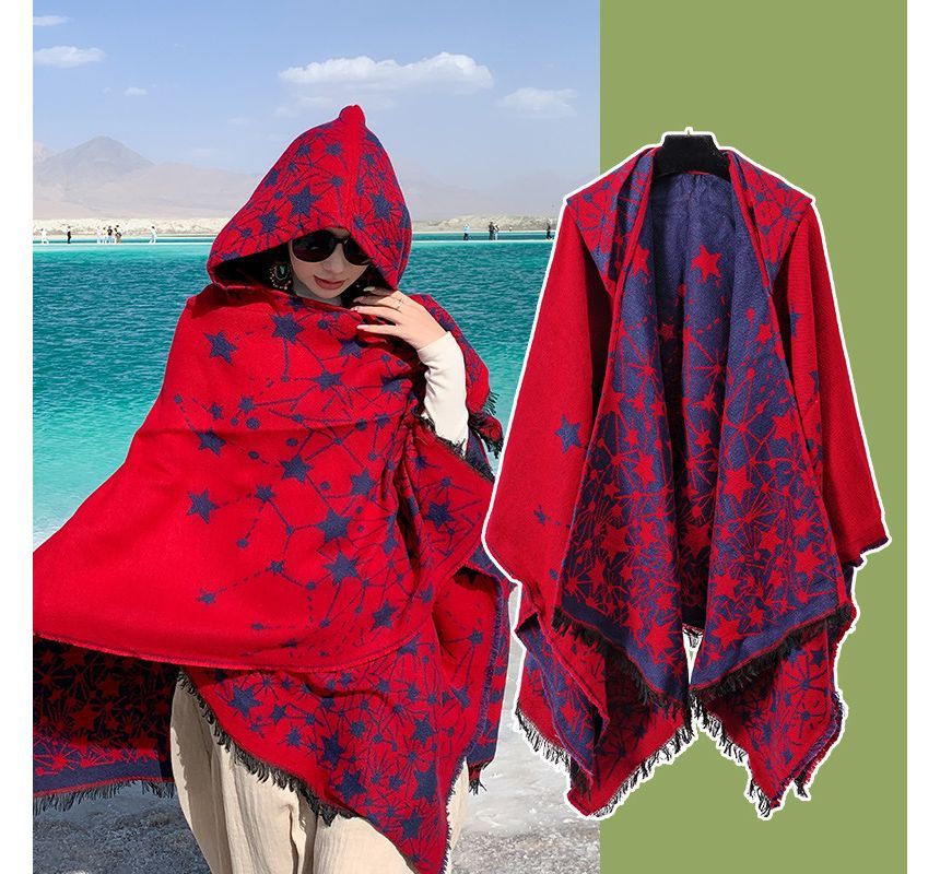 Print Fringed Hooded Cape SpreePicky