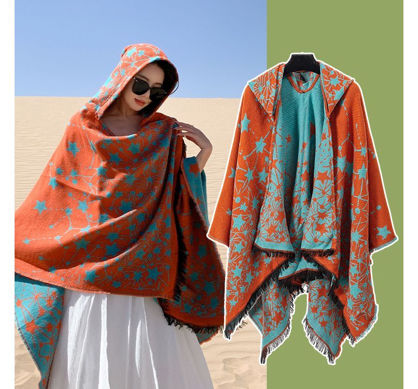 Print Fringed Hooded Cape SpreePicky