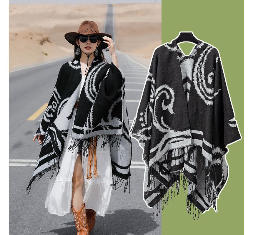 Print Fringed Shawl SpreePicky