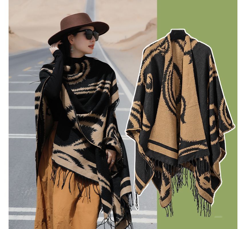 Print Fringed Shawl SpreePicky