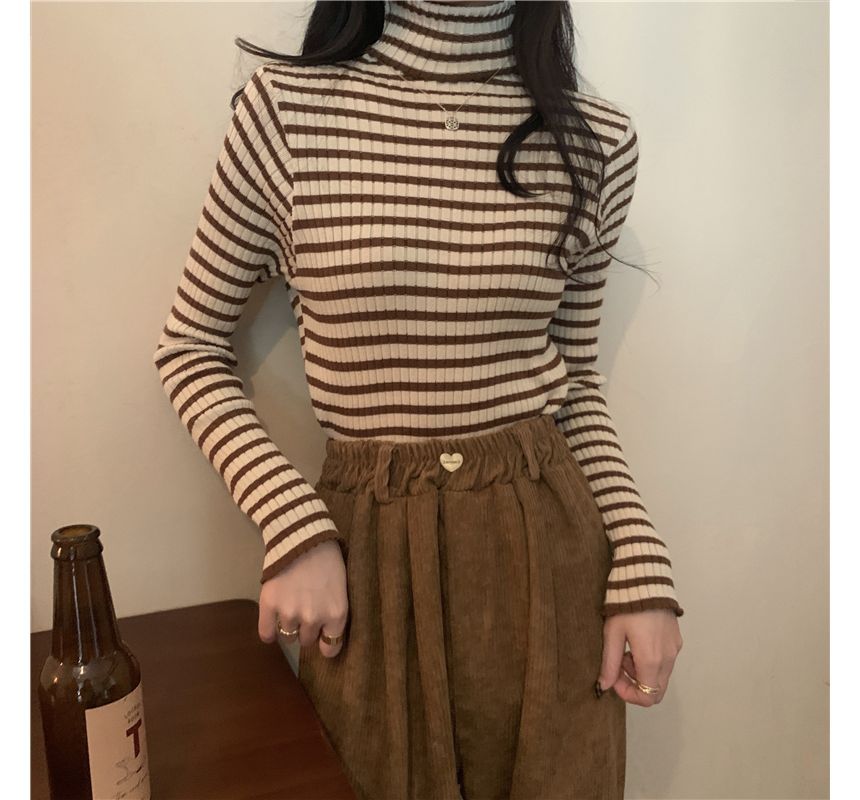 Long-Sleeve Turtleneck Striped Ribbed Knit Top SpreePicky